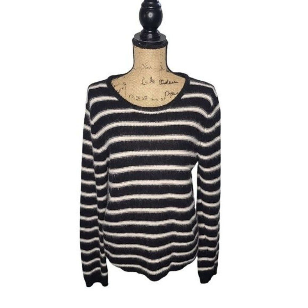 Pull & Bear Black White Striped Pullover Fuzzy Sweater EUR L